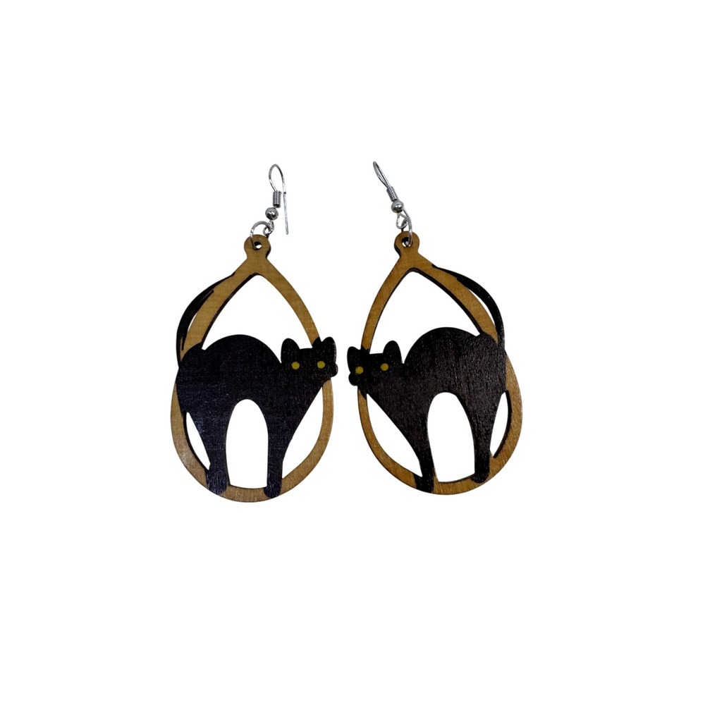 Wooden Black Cat Dangle Earrings Halloween Spooky Cute Yellow Eyes Teardrop Goth